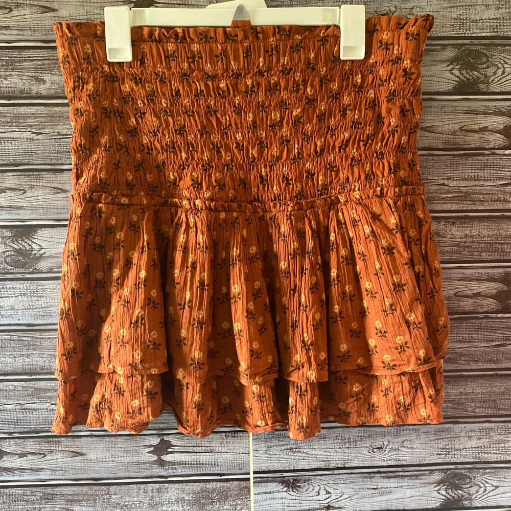Madewell Women's Mini Skirt Size L Rust Floral‎ Smocked Tiered